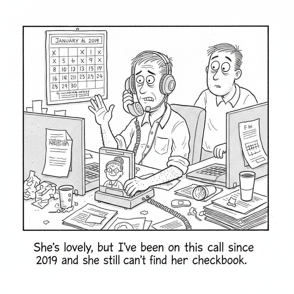 New Yorker-style cartoon: A weary scammer in a cluttered office, wearing a headset and holding a phone, with a calendar of crossed-out days behind him and a coworker looking on. A small screen shows a smiling elderly woman. Caption: She&rsquo;s lovely, but I&rsquo;ve been on this call since 2019 and she still can&rsquo;t find her checkbook.