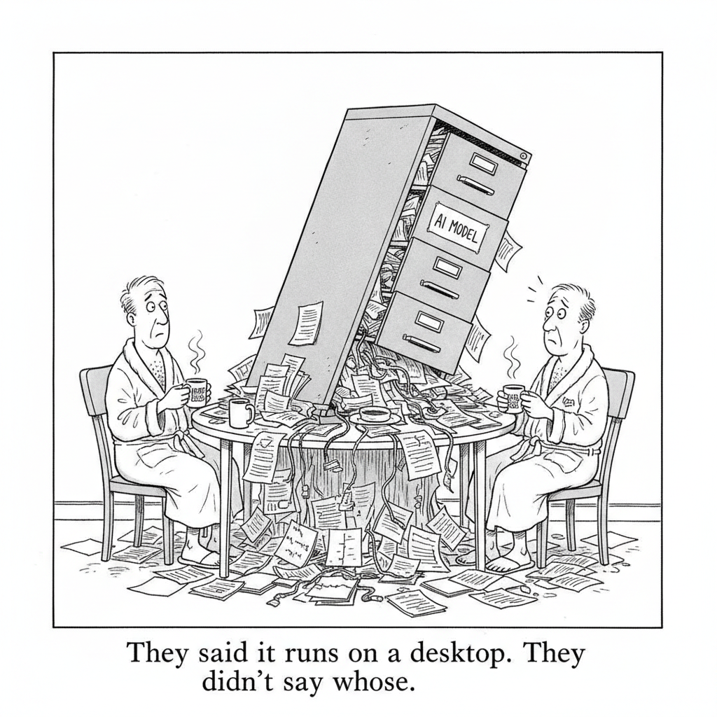 New Yorker-style cartoon: Two men in bathrobes at a kitchen table with coffee stare at an enormous tilted filing cabinet labeled AI Model that is crammed onto the table and spilling papers. Caption: They said it runs on a desktop. They didn&rsquo;t say whose.