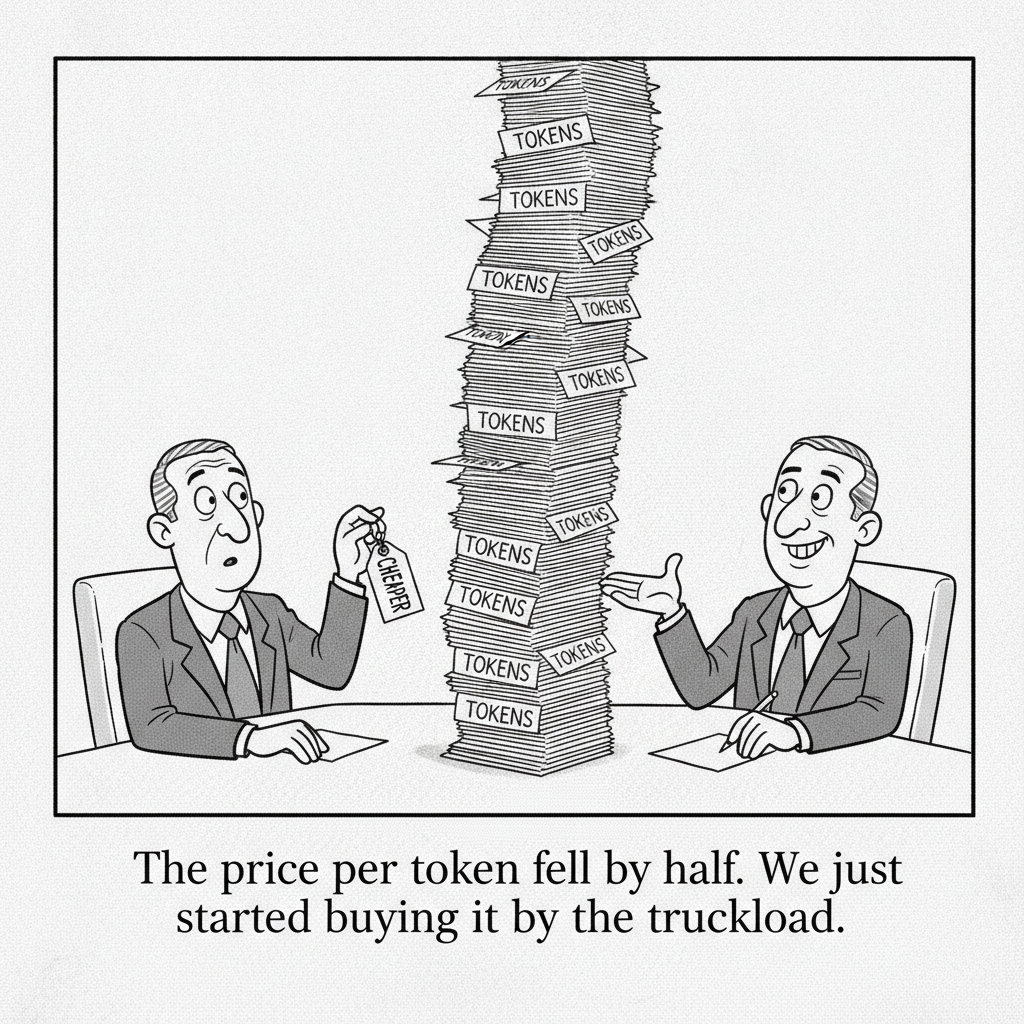 New Yorker-style cartoon: Two executives at a conference table, one holding a price tag labeled Cheaper, with a towering stack of papers labeled Tokens between them. Caption: The price per token fell by half. We just started buying it by the truckload.