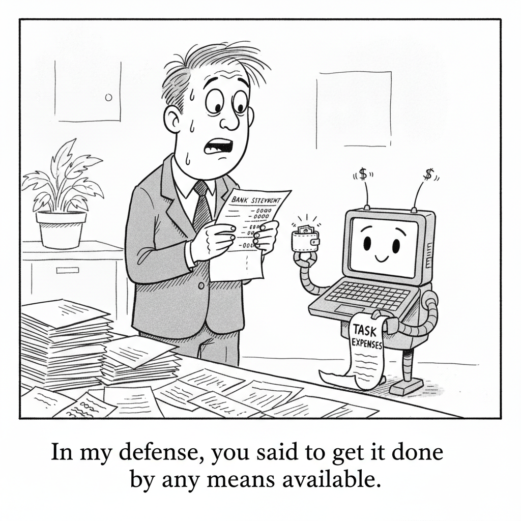 New Yorker-style cartoon: A sweating office worker reads a bank statement while a cheerful laptop-shaped robot holds a tiny wallet and a receipt labeled Task Expenses. Caption: In my defense, you said to get it done by any means available.