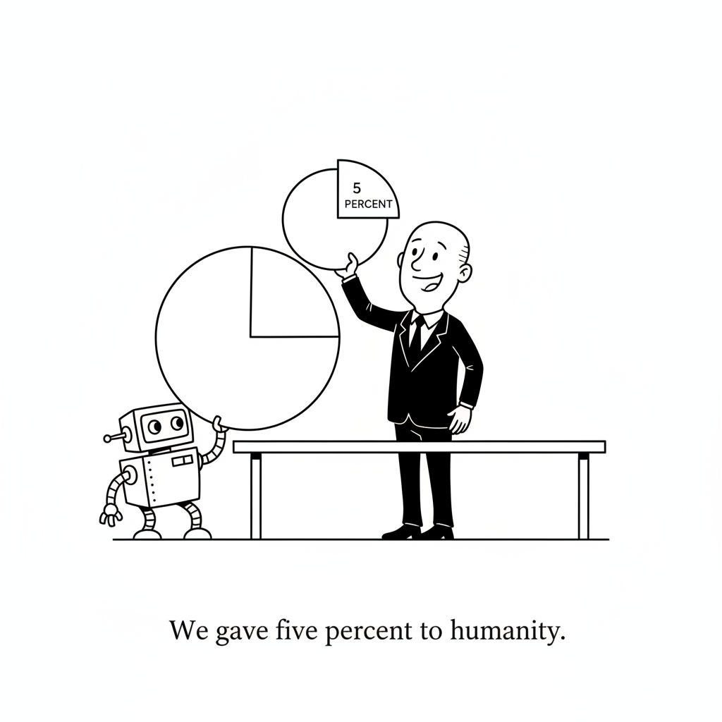 New Yorker-style cartoon: A smiling executive holds up a pie chart with one small slice labeled 5 percent while a small robot beside him holds almost the whole pie. Caption: We gave five percent to humanity.
