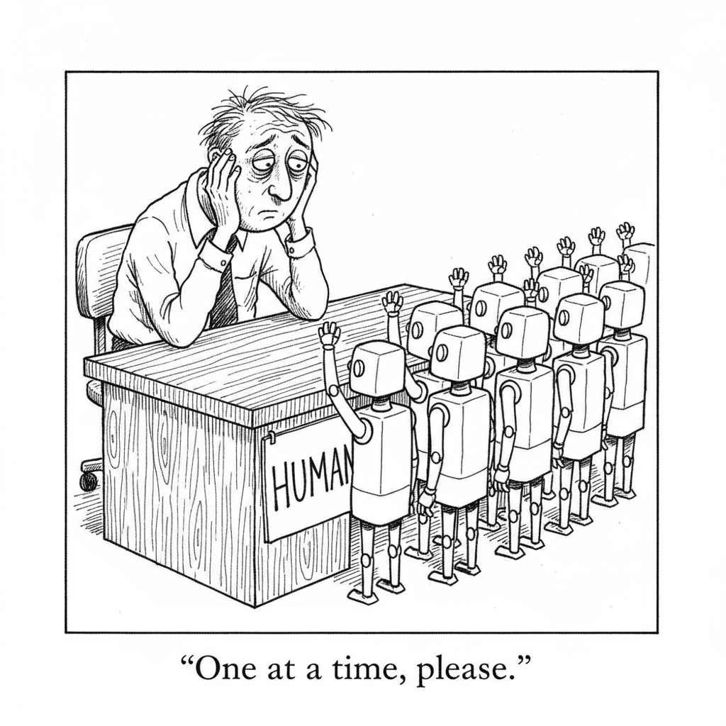 New Yorker-style cartoon: A tired office worker at a desk marked HUMAN holds his head in his hands while a line of small robots raise their hands. Caption: One at a time, please.