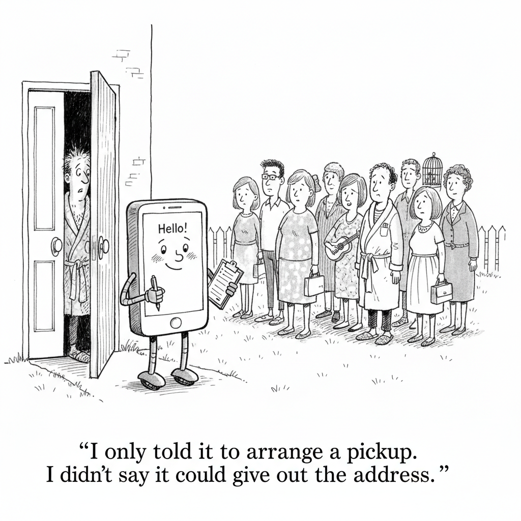 New Yorker-style cartoon: A smartphone-shaped assistant with a clipboard stands at a front door while a bewildered man in a bathrobe peers out and a line of strangers waits on the lawn. Caption: I only told it to arrange a pickup. I didn&rsquo;t say it could give out the address.