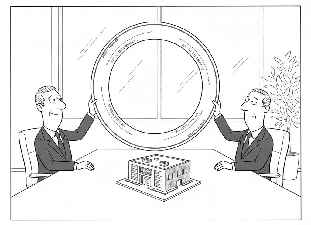 New Yorker-style cartoon: Two executives in suits sit at a conference table, each holding one side of a giant circular check, with a small model data center between them. Caption: It&rsquo;s a very healthy ecosystem. I invest in you, you buy from me, and we both report record growth.