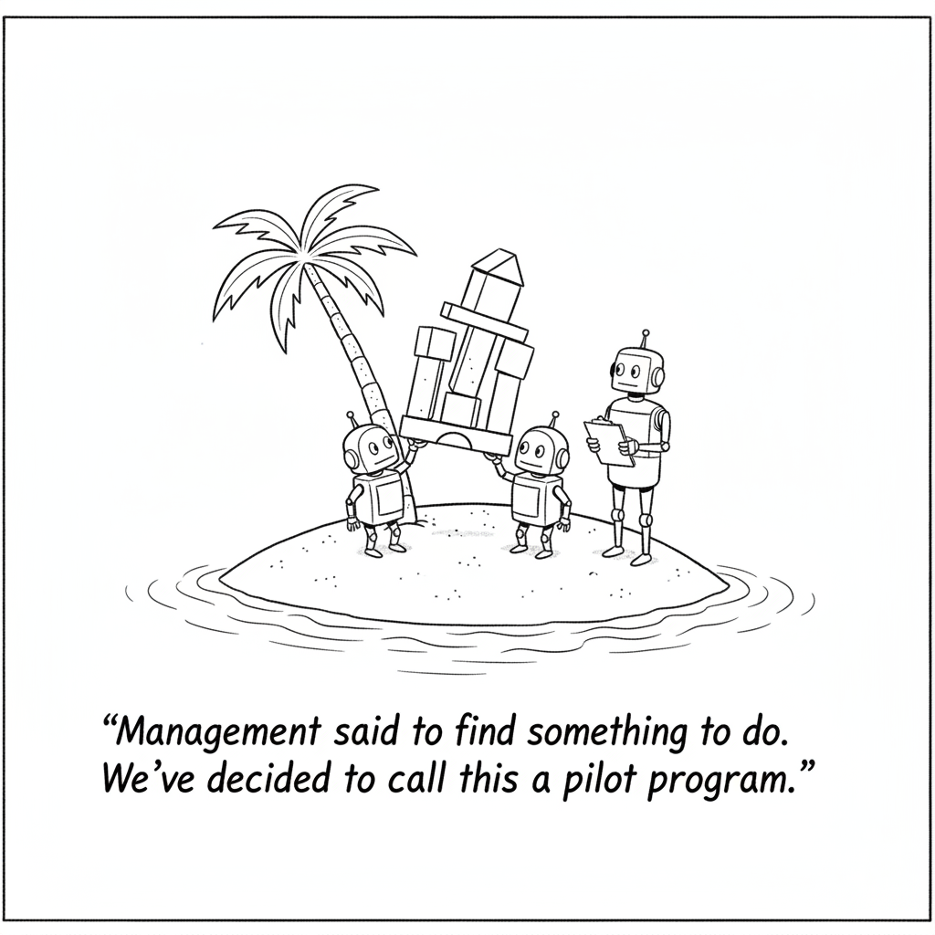 New Yorker-style cartoon: Two small robots hold up a wobbly tower of blocks on a tiny desert island with one palm tree while a third robot holds a clipboard. Caption: Management said to find something to do. We&rsquo;ve decided to call this a pilot program.