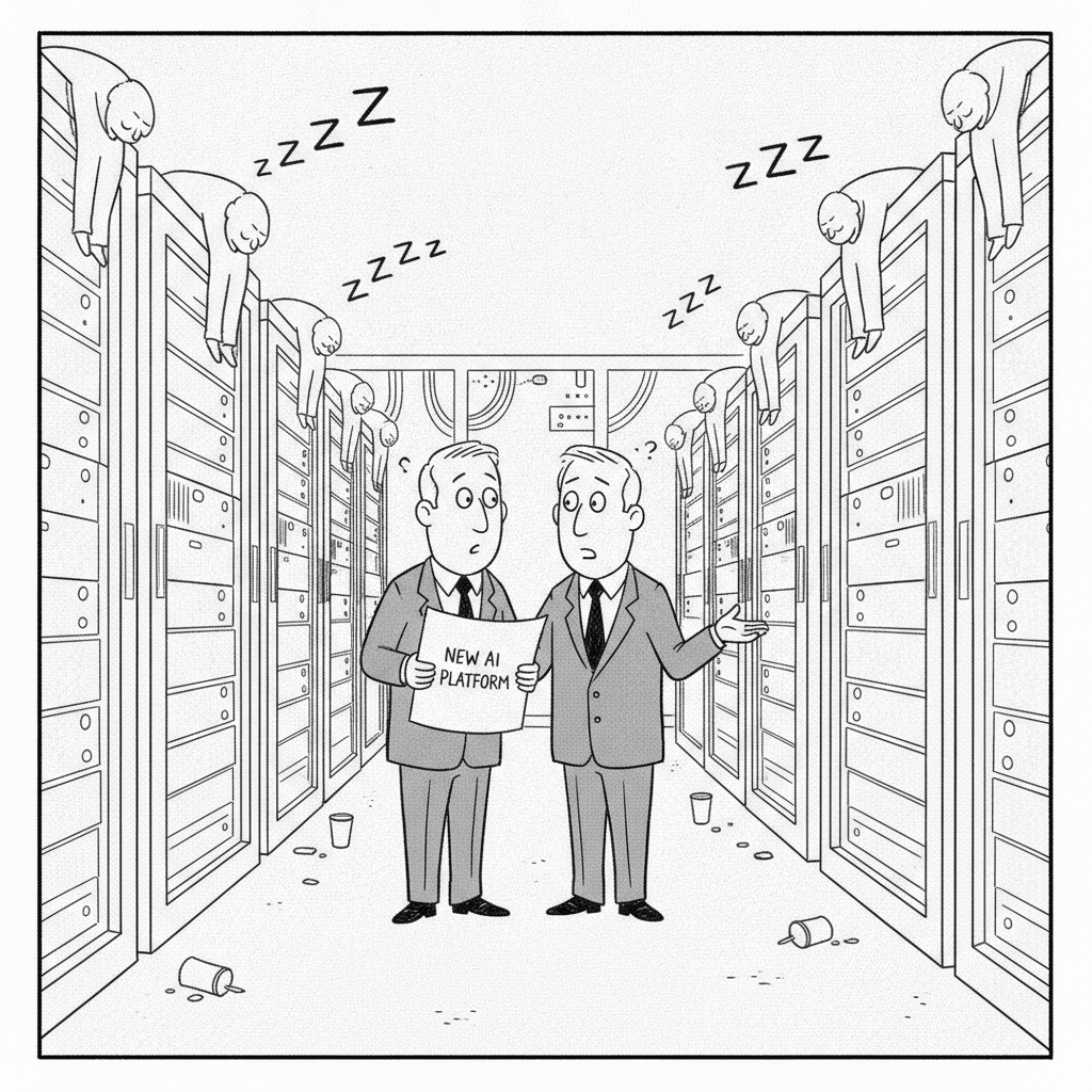 New Yorker-style cartoon: Two executives in suits stand in an aisle of server racks holding a blueprint labeled New AI Platform while small figures sleep draped over every rack. Caption: We&rsquo;re at fifty percent utilization, which is why we need twice as many.