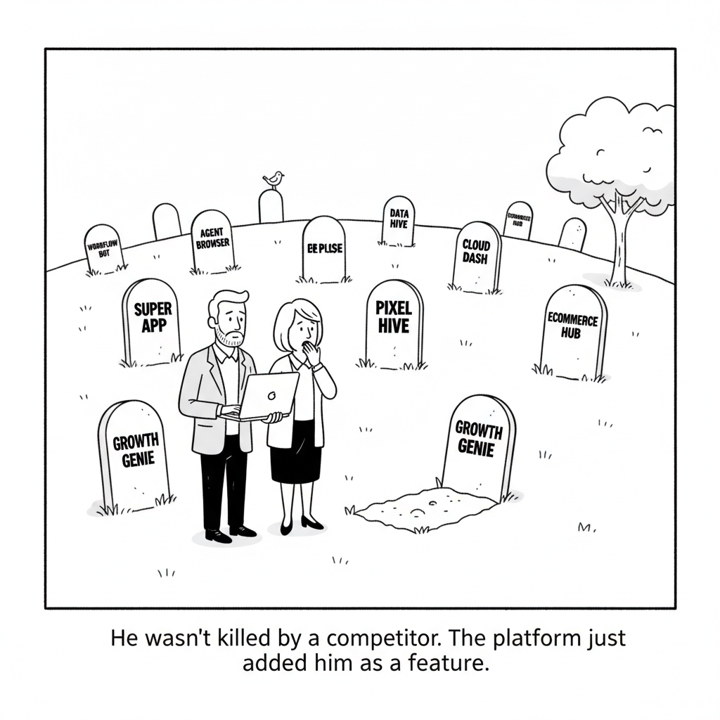 New Yorker-style cartoon: Two mourners in business casual stand in a cemetery of headstones labeled with startup names such as Super App and Agent Browser, one holding a laptop, in front of a fresh grave. Caption: He wasn&rsquo;t killed by a competitor. The platform just added him as a feature.