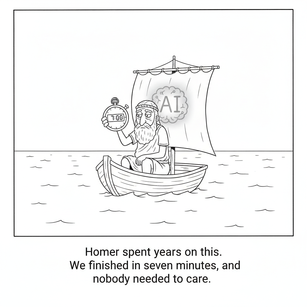 New Yorker-style cartoon: A weary ancient Greek sailor in a small boat holds up a stopwatch reading 7:00 beneath a sail marked AI. Caption: Homer spent years on this. We finished in seven minutes, and nobody needed to care.