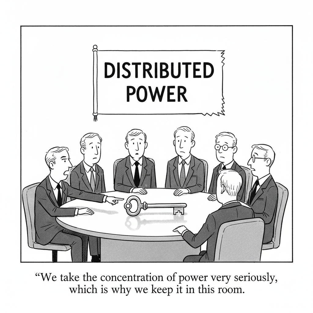 New Yorker-style cartoon: Seven people in suits sit around a boardroom table with a large key in the middle, under a banner reading Distributed Power. Caption: We take the concentration of power very seriously, which is why we keep it in this room.